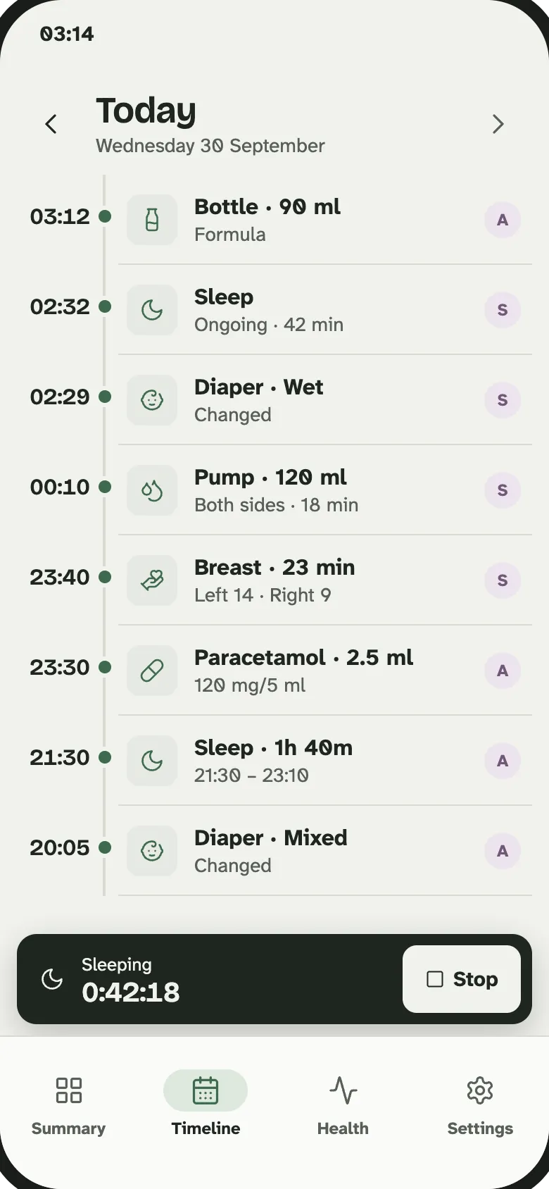 Baby Tracker by Alder Timeline screen showing a day of logged events in order
